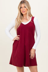 Burgundy Solid Corduroy V-Neck A-Line Mini Dress
