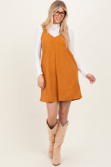 Mustard Solid Corduroy V-Neck A-Line Mini Dress