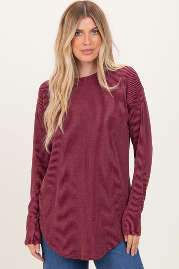 Burgundy Solid Ribbed Long Sleeve Tunic Top