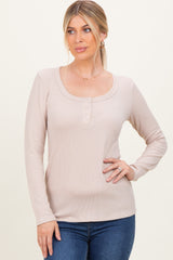 Taupe Ribbed Long Sleeve Maternity Henley Top