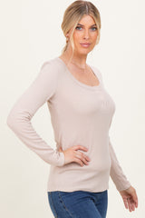 Taupe Ribbed Long Sleeve Henley Top