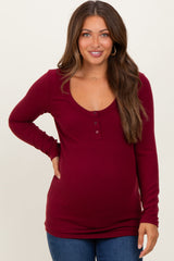 Burgundy Ribbed Long Sleeve Maternity Henley Top
