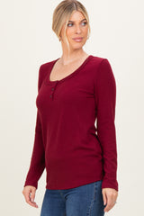 Burgundy Ribbed Long Sleeve Henley Top