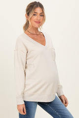 Beige V-Neck Long Sleeve Maternity Pullover Top