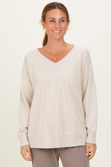 Beige V-Neck Long Sleeve Maternity Pullover Top