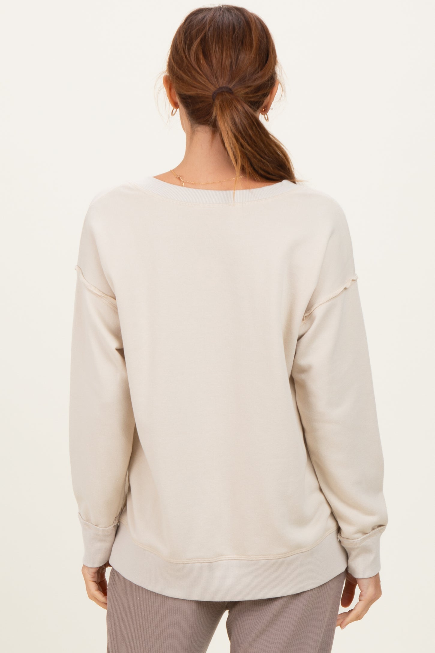 Beige V-Neck Long Sleeve Pullover Top