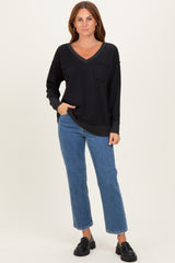 Black V-Neck Long Sleeve Pullover Top