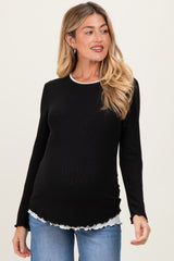Black/White Ribbed Long Sleeve Maternity Twofer Top