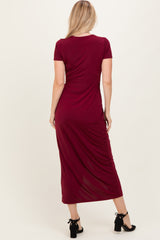 Burgundy Gathered Front Short Sleeve Maxi Dress