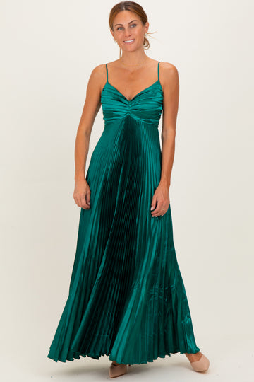 Forest Green Pleated Satin Sleeveless Maxi Dress
