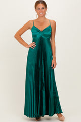 Forest Green Pleated Satin Sleeveless Maxi Dress