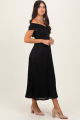 Black Shimmer Off Shoulder Pleated Midi Dress