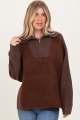 Brown Colorblock Half Zip Maternity Pullover Sweater