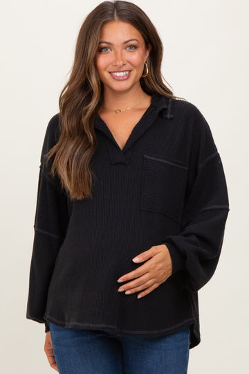 Black Solid Ribbed Long Sleeve Pocketed Collared V-Neck Maternity Top