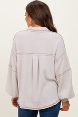 Beige Solid Ribbed Long Sleeve Pocketed Collared V-Neck Maternity Top