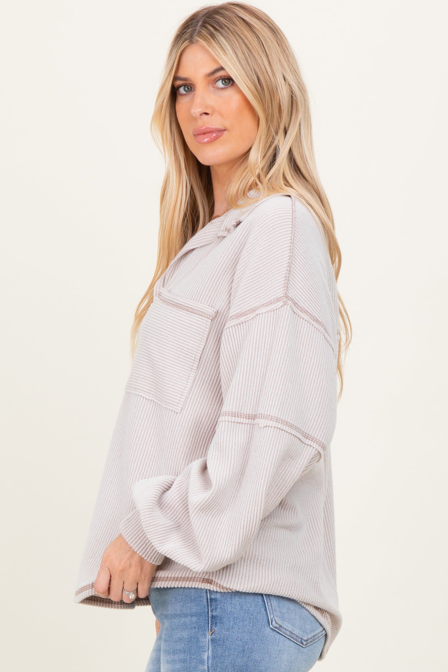 Beige Solid Ribbed Long Sleeve Pocketed Collared V-Neck Top