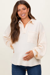 Cream Solid Ribbed Long Sleeve Pocketed Collared V-Neck Maternity Top