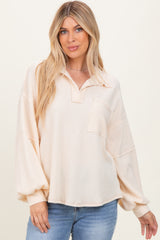 Cream Solid Ribbed Long Sleeve Pocketed Collared V-Neck Maternity Top