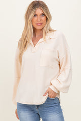 Cream Solid Ribbed Long Sleeve Pocketed Collared V-Neck Top