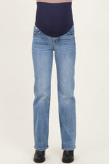 maternity wear dark blue denim jeans with a full belly panel, straight leg style, shown from the front