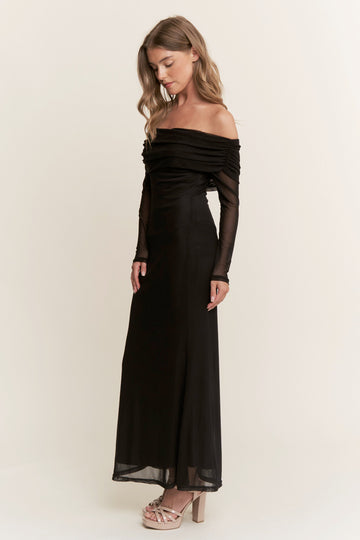 Black Mesh Off Shoulder Long Sleeve Maxi Dress