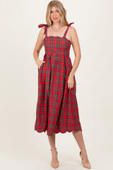 Red Plaid Shoulder Tie Scallop Hem Maternity Midi Dress
