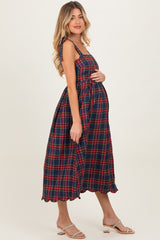 Navy Plaid Shoulder Tie Scallop Hem Maternity Midi Dress