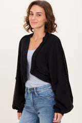 Black Solid Ribbed Long Sleeve Cropped Cardigan