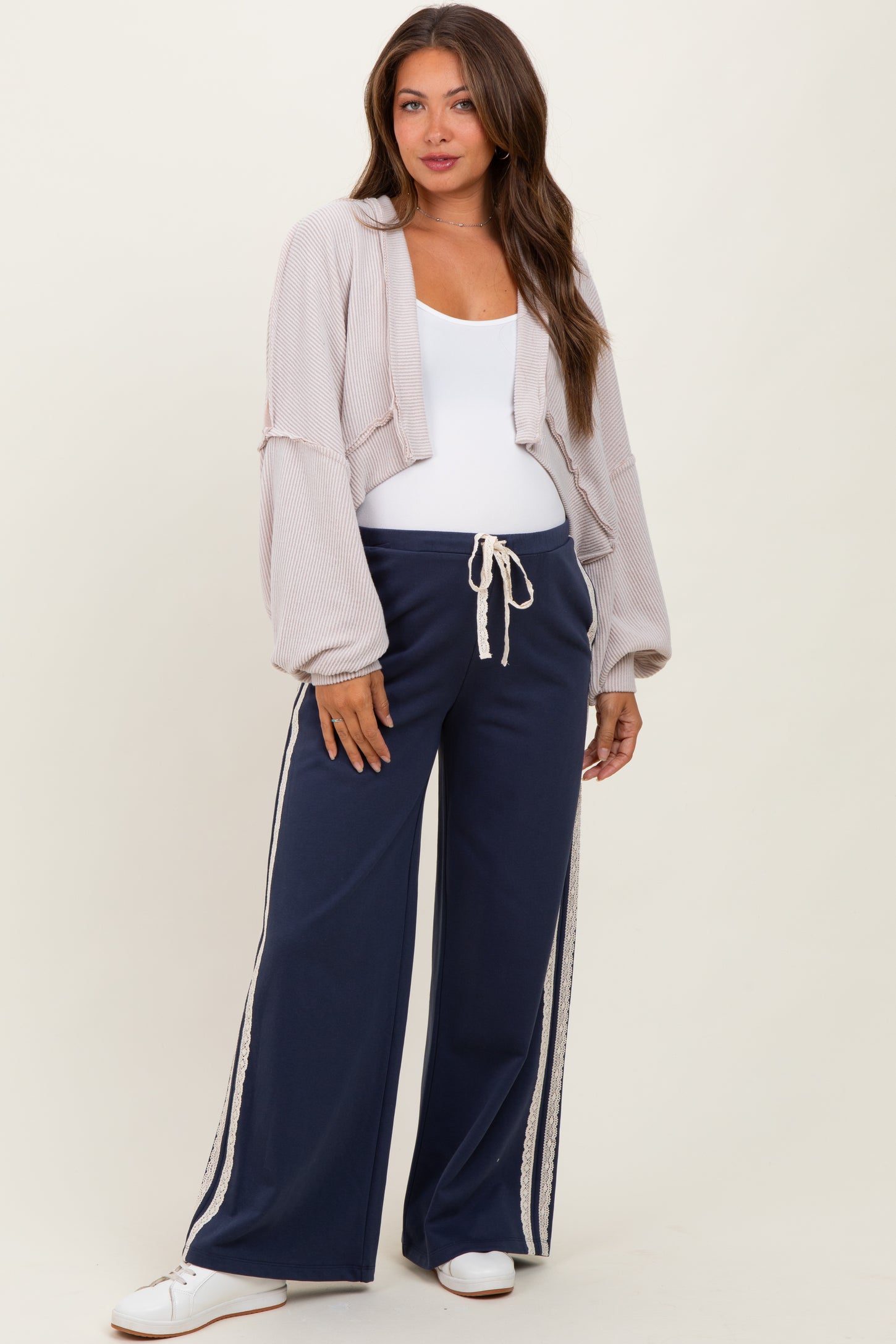 Beige Solid Ribbed Long Sleeve Cropped Maternity Cardigan