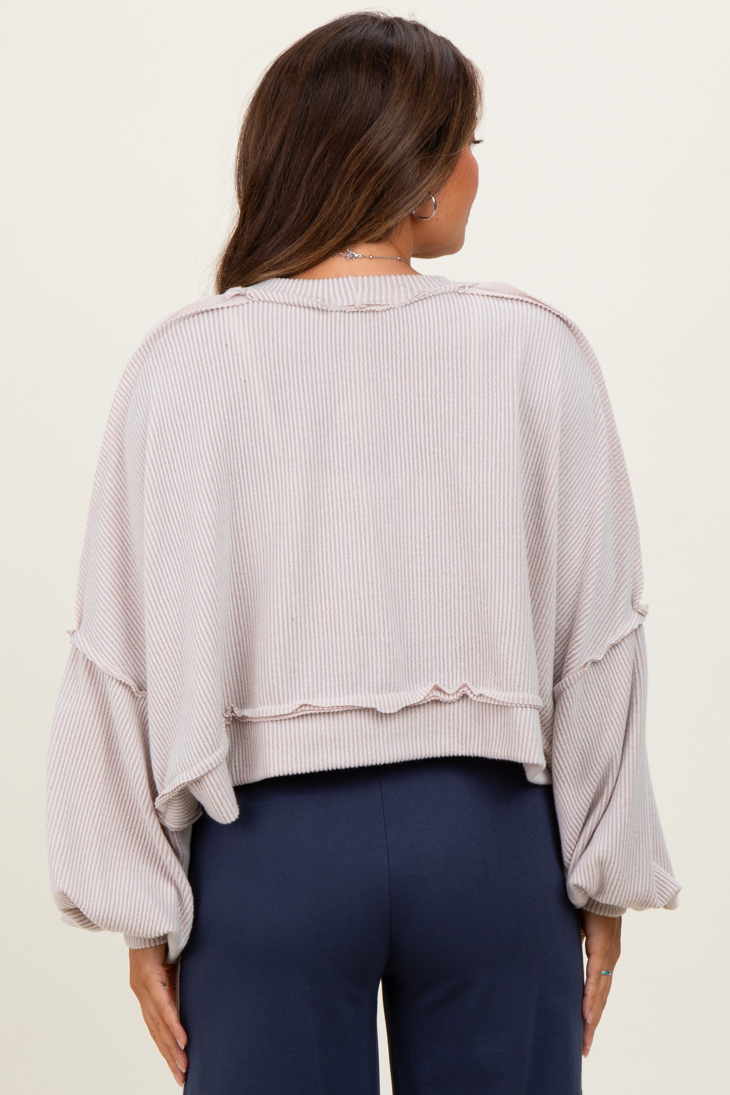 Beige Solid Ribbed Long Sleeve Cropped Maternity Cardigan