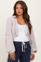 Beige Solid Ribbed Long Sleeve Cropped Maternity Cardigan