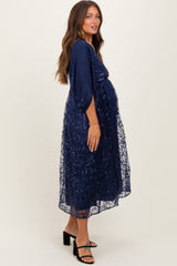Navy Embroidered Tulle Dolman V-Neck Maternity Midi Dress