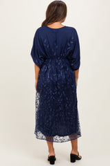Navy Embroidered Tulle Dolman V-Neck Maternity Midi Dress
