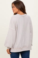 Beige Solid Rib Long Sleeve V-Neck Oversized Maternity Tunic Top
