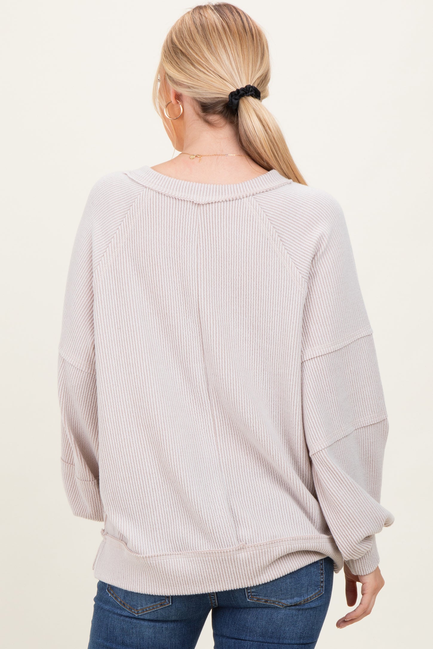 Beige Solid Rib Long Sleeve V-Neck Oversized Tunic Top