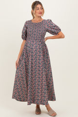 Grey Floral Smocked Puff Sleeve Maternity Maxi Dress
