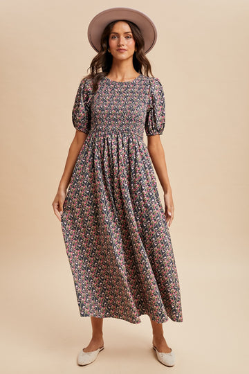 Grey Floral Smocked Puff Sleeve Maxi Dress