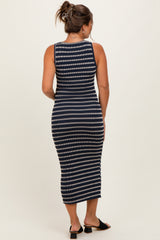 Navy Stripe Ribbed Sleeveless V Neck Maternity Maxi Dress