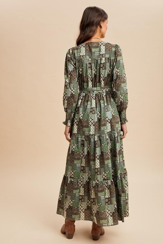 Olive Patchwork Print Tiered Long Sleeve Maxi Dress