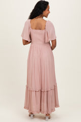 Light Pink Swiss Dot Ruffle Trim Maternity Maxi Dress