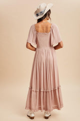 Light Pink Swiss Dot Ruffle Trim Maxi Dress