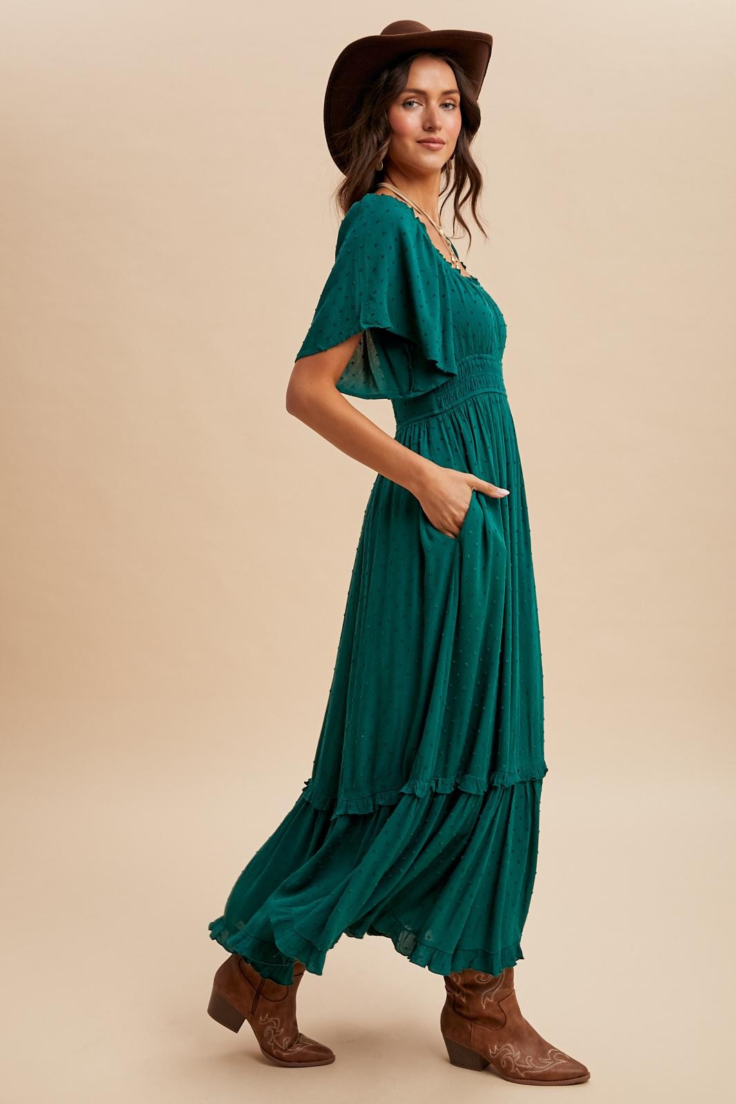 Forest Green Swiss Dot Ruffle Trim Maxi Dress