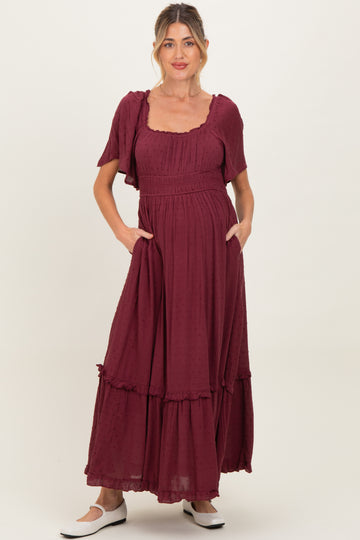 Burgundy Swiss Dot Ruffle Trim Maternity Maxi Dress