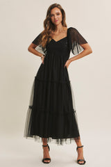 Black Sequin Bodice Tulle Tiered Midi Dress