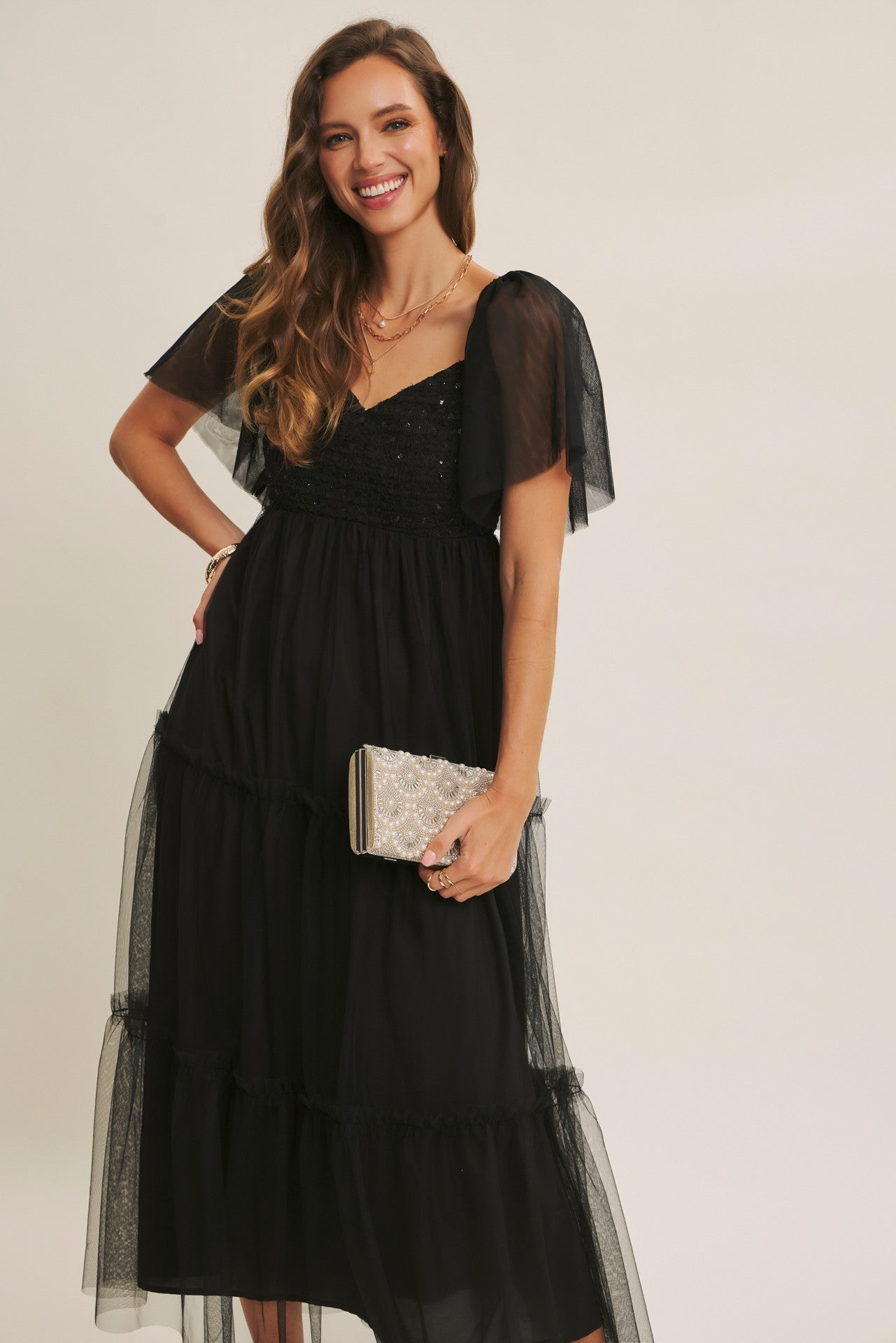 Black Sequin Bodice Tulle Tiered Midi Dress