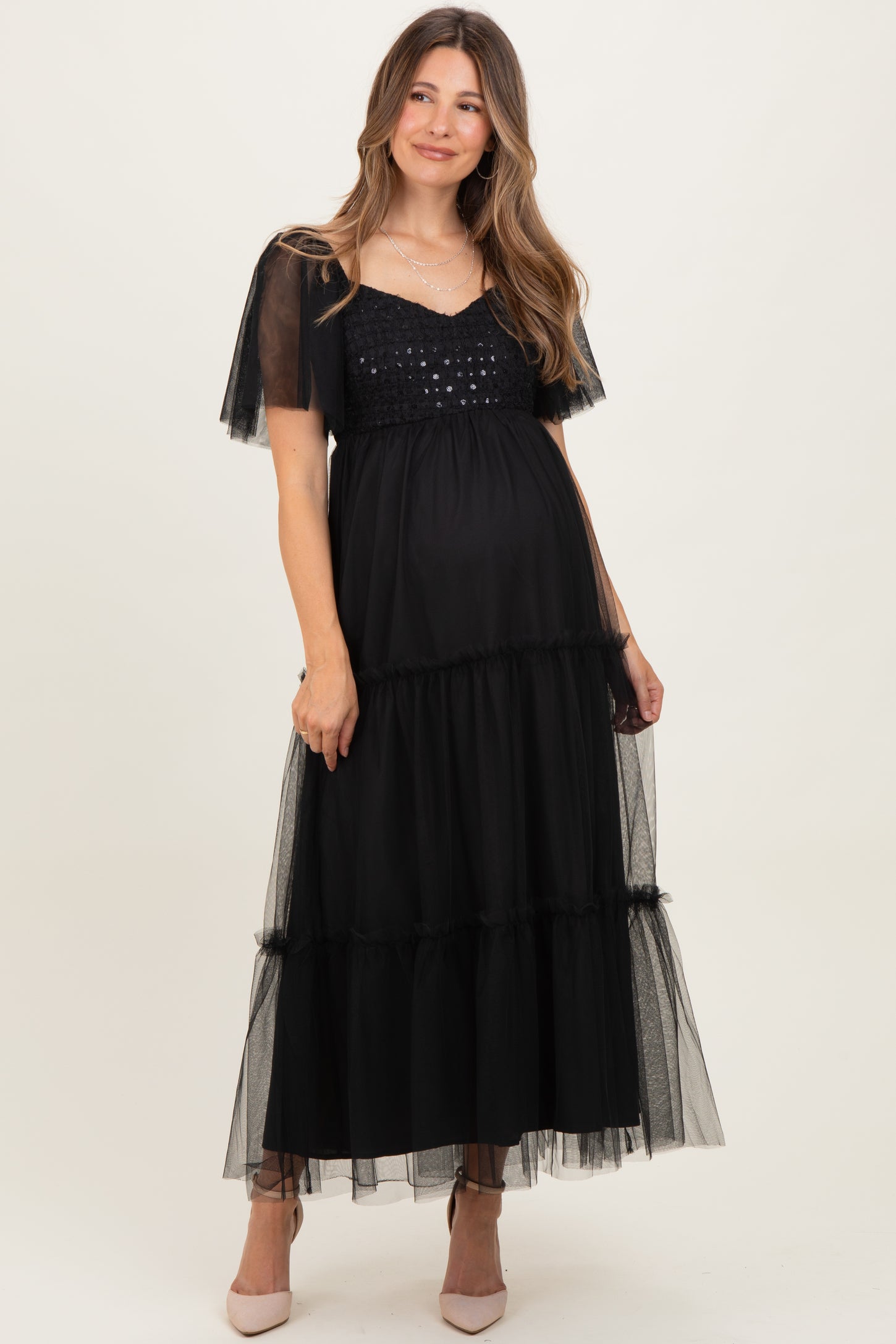 Black Sequin Bodice Tulle Tiered Maternity Midi Dress