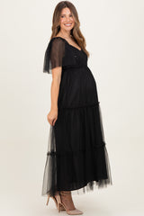Black Sequin Bodice Tulle Tiered Maternity Midi Dress
