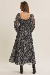 Black Floral Chiffon Twisted Front Midi Dress