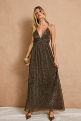Brown Shimmer Open Tie Back Maternity Maxi Dress