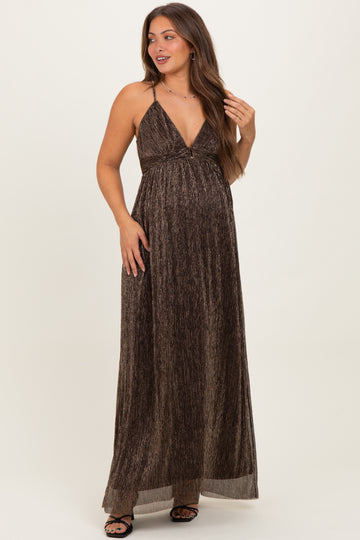 Brown Shimmer Open Tie Back Maternity Maxi Dress